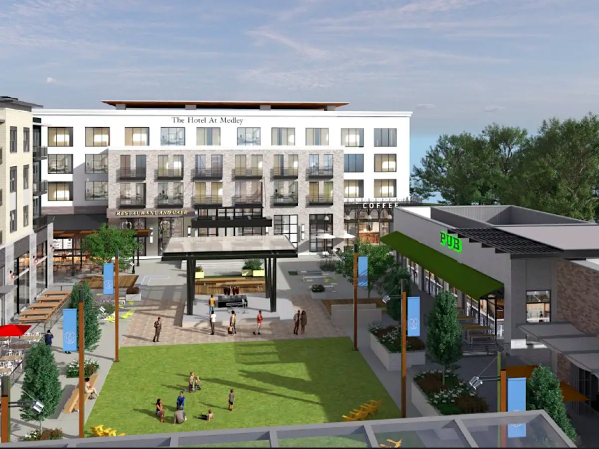 Rendering of The Hotel at Medley fronting the development's central lawn in Johns Creek