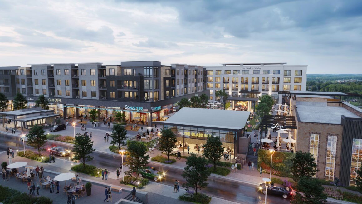 Dusk rendering of the Medley development, with The Hotel at Medley at right