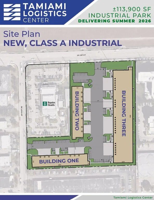 Site plan for the three-building Tamiami Logistics Center, delivering summer 2026