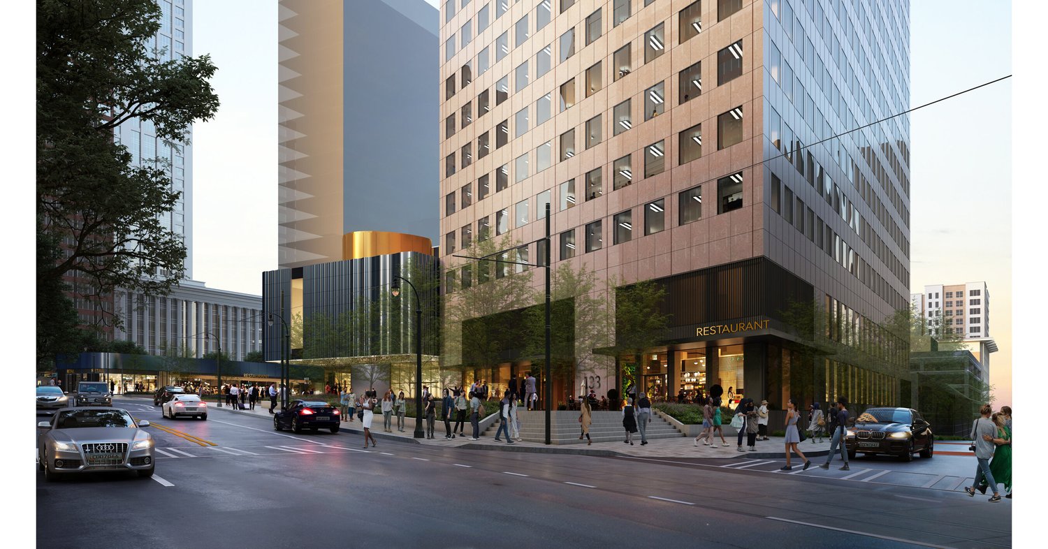 Rendering of the Georgia-Pacific Center redevelopment at 133 Peachtree Street, showing the activated streetscape and new restaurant space