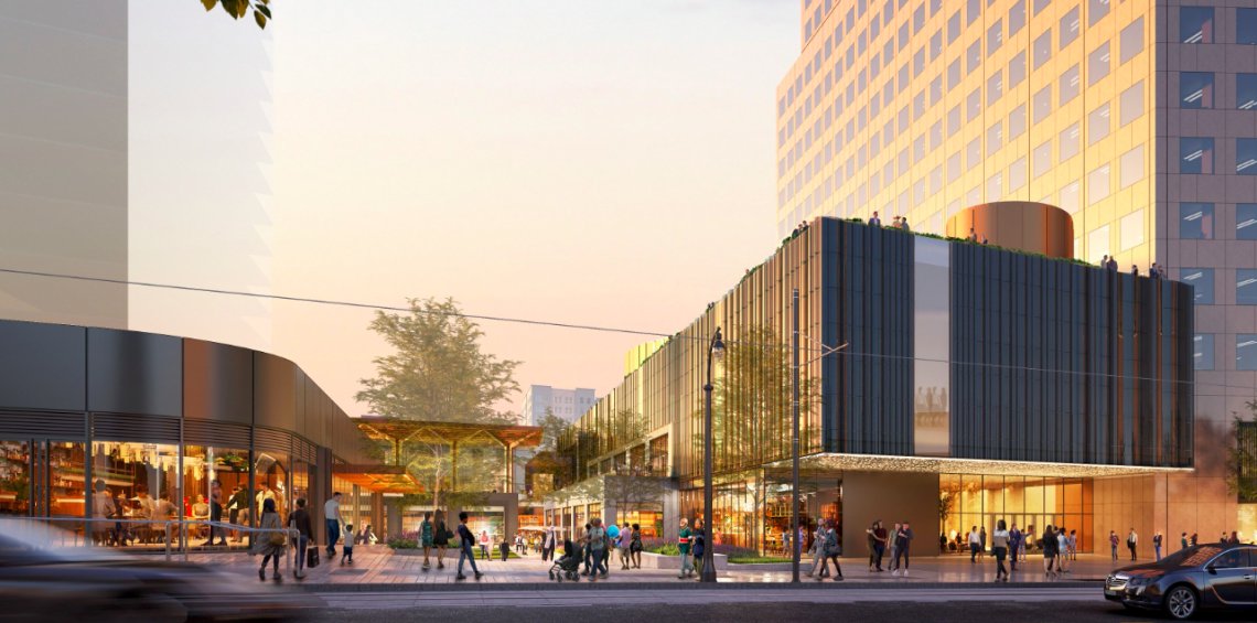 Rendering of the retail and dining plaza planned for the Georgia-Pacific Center redevelopment