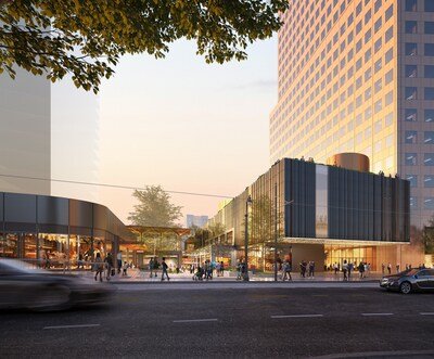 Rendering of the planned retail pavilion and public plaza at the base of the Georgia-Pacific Center