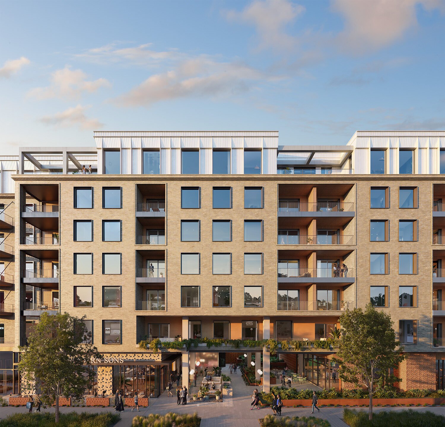Rendering of the Leland South Congress facade with ground-floor retail and entry plaza