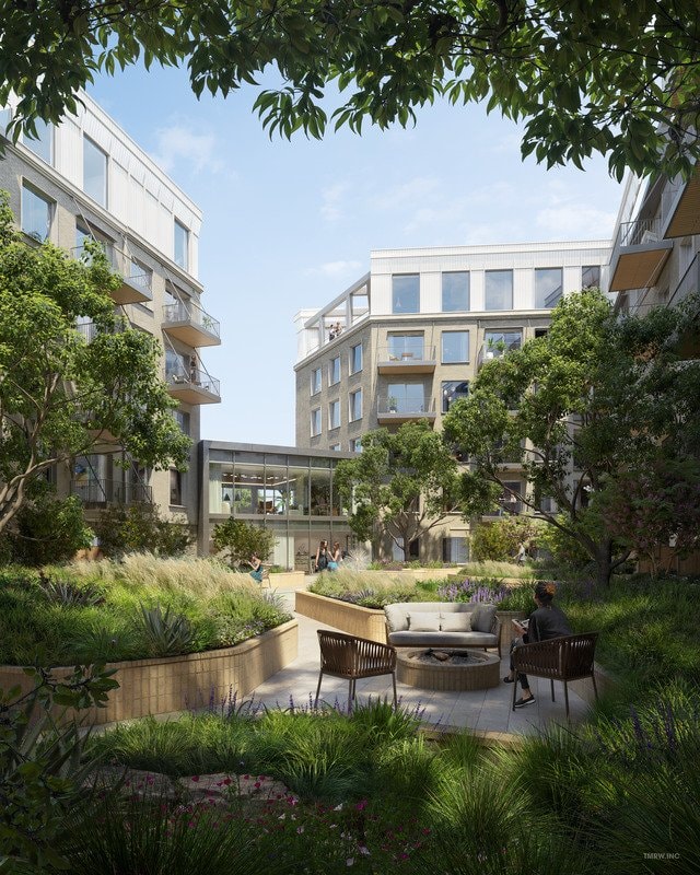 Rendering of the landscaped interior courtyard at Leland South Congress