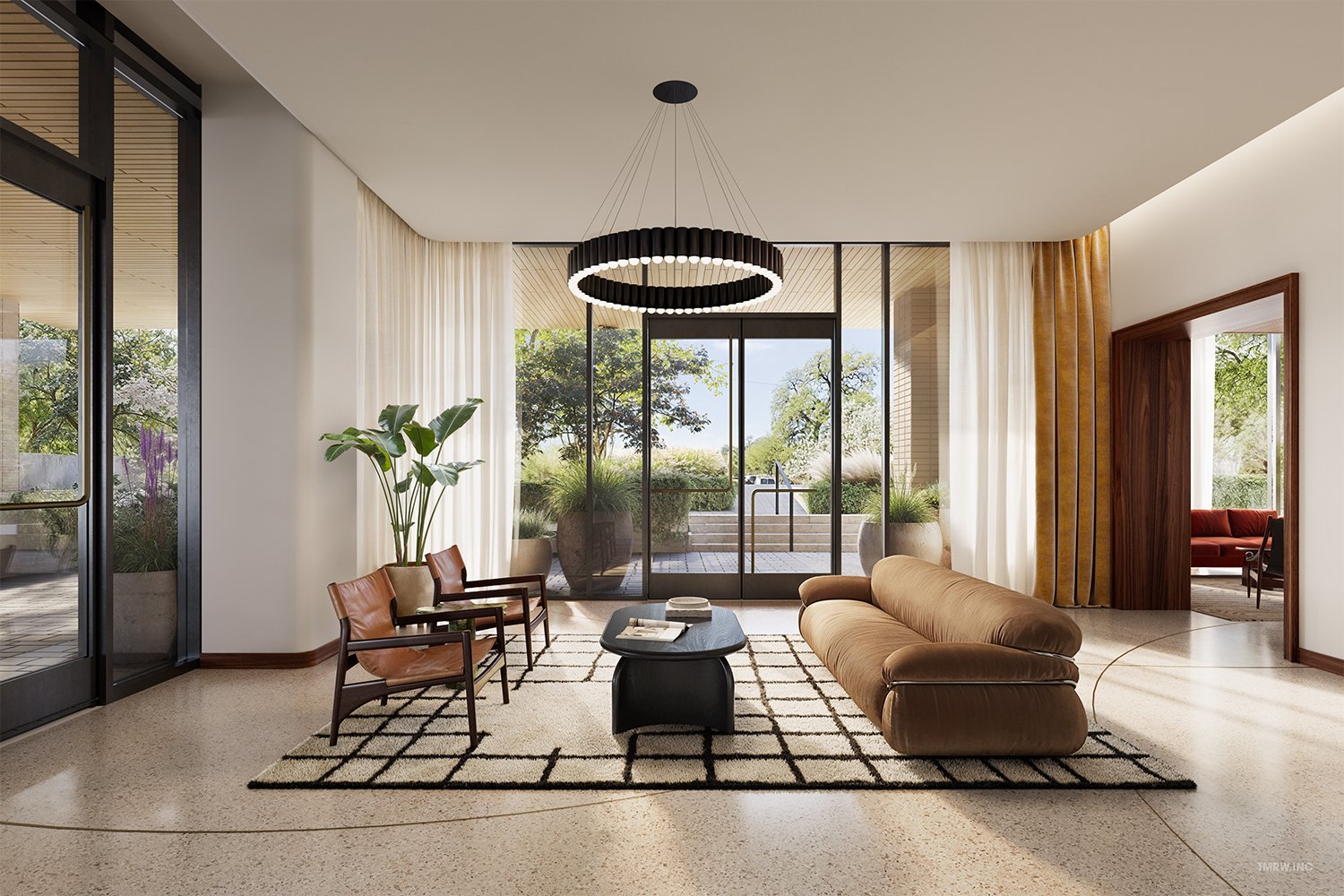 Rendering of the residential lobby at Leland South Congress