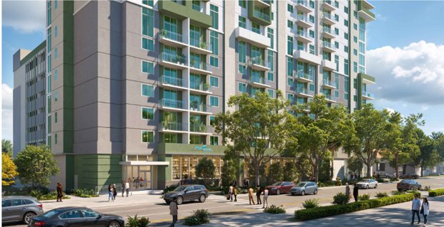Street-level rendering of the Stirrup Plaza tower entrance and ground-floor retail