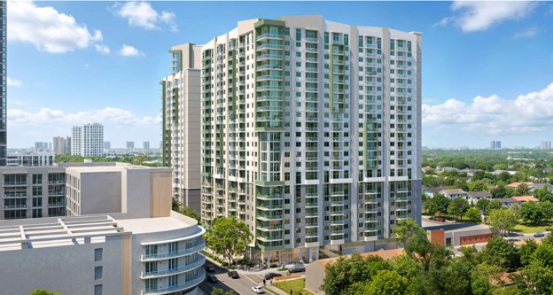 Aerial rendering of the proposed Stirrup Plaza second tower in West Coconut Grove