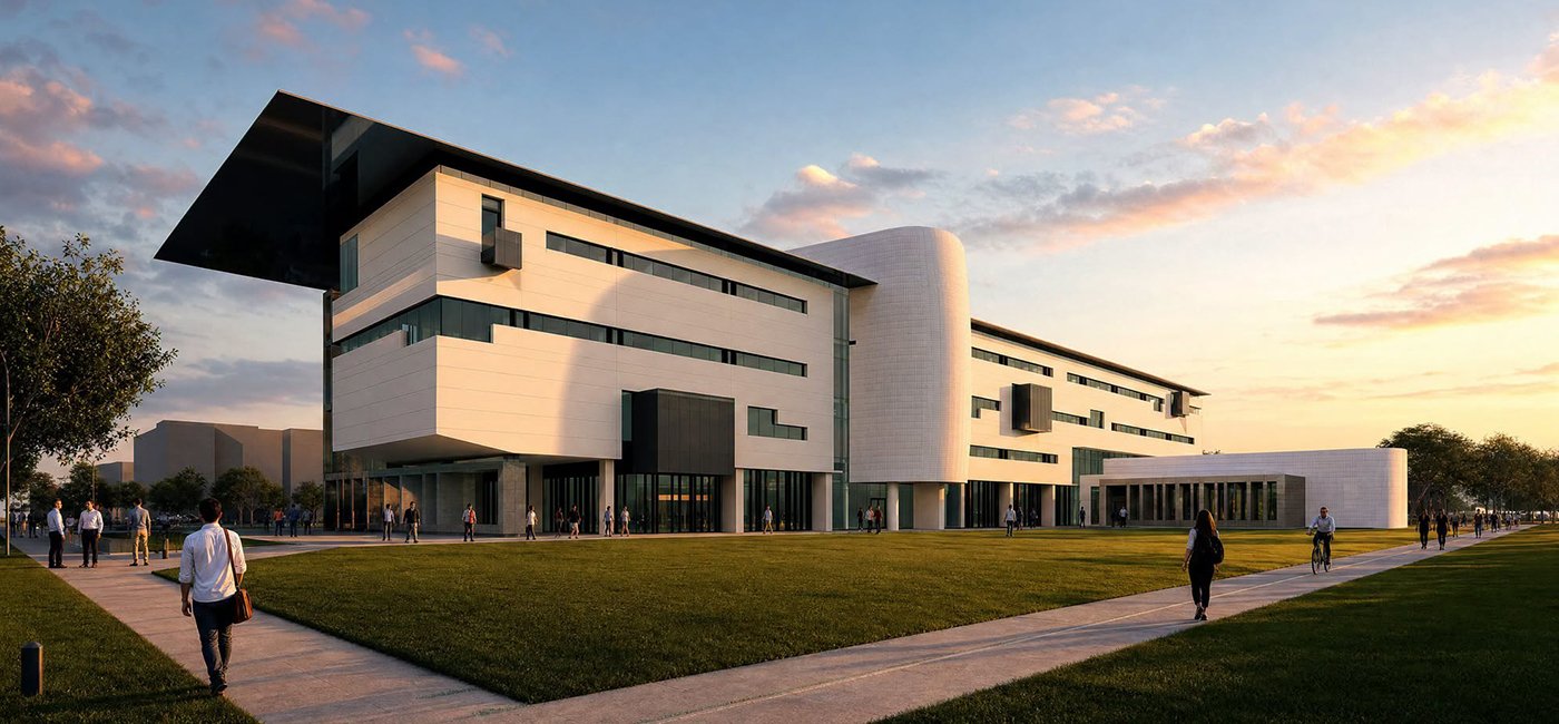 Rendering of the proposed USF Bellini College of AI, Cybersecurity and Computing building at sunset