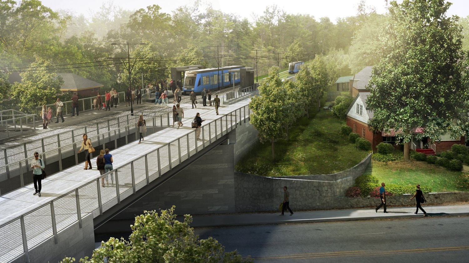 Rendering of a proposed elevated BeltLine light rail station and pedestrian bridge