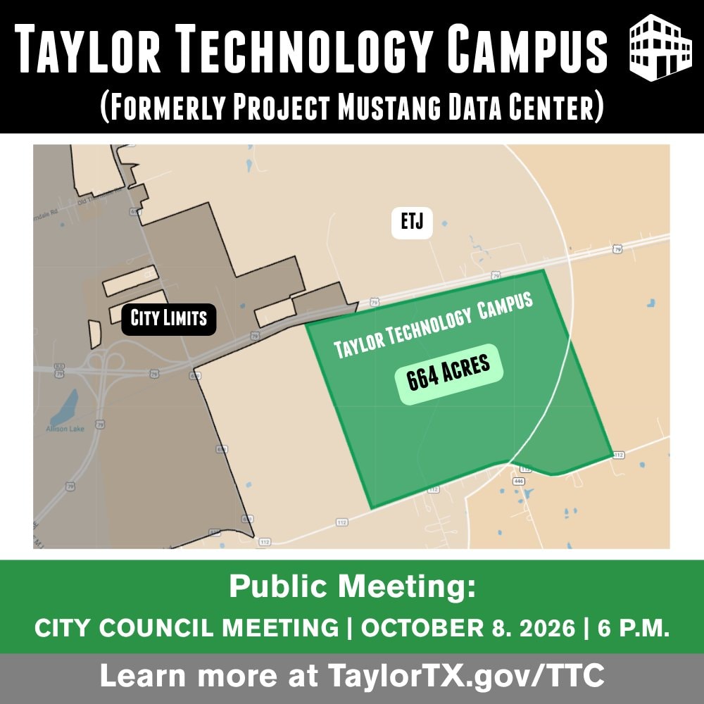 City of Taylor map showing the 664-acre Taylor Technology Campus site (formerly Project Mustang) east of the city limits