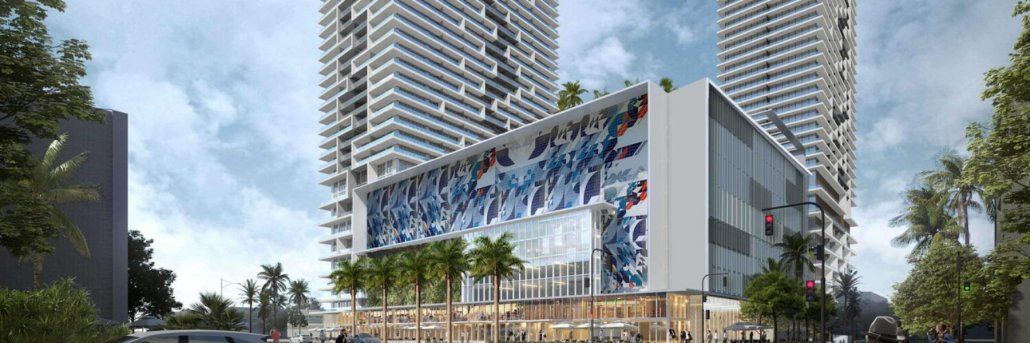 Rendering of NEMA's podium mural and twin residential towers along Biscayne Boulevard