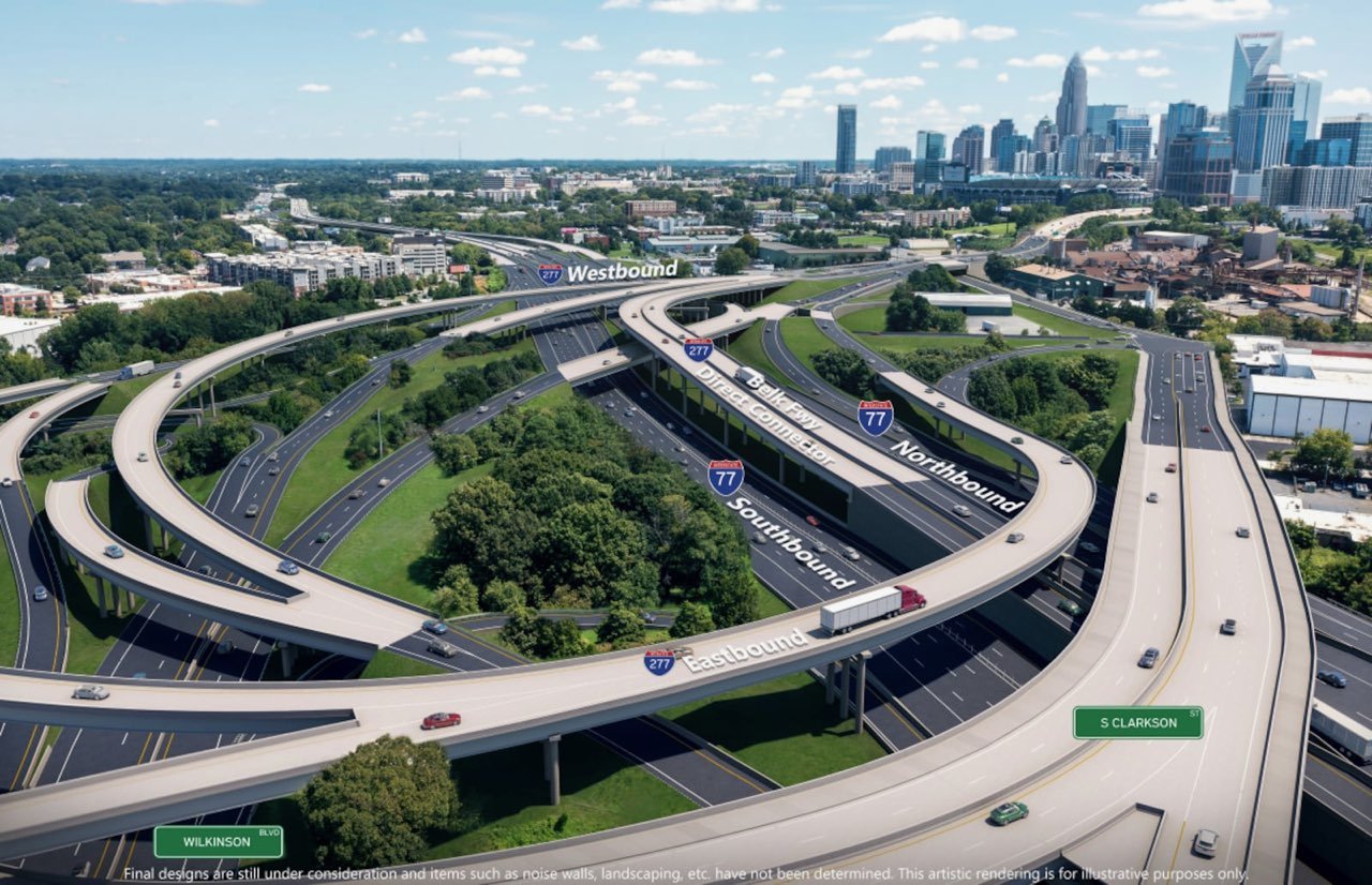NCDOT rendering of the proposed I-77 South Express Lanes interchange with I-277 (Belk Freeway) near Uptown Charlotte