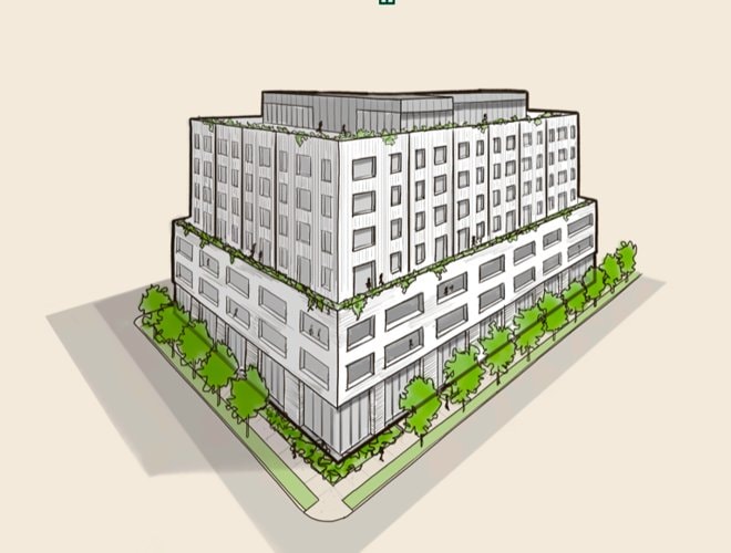 Conceptual rendering of the proposed Chestnut Hill mixed-use building at 1122-1126 Third Ave. S.