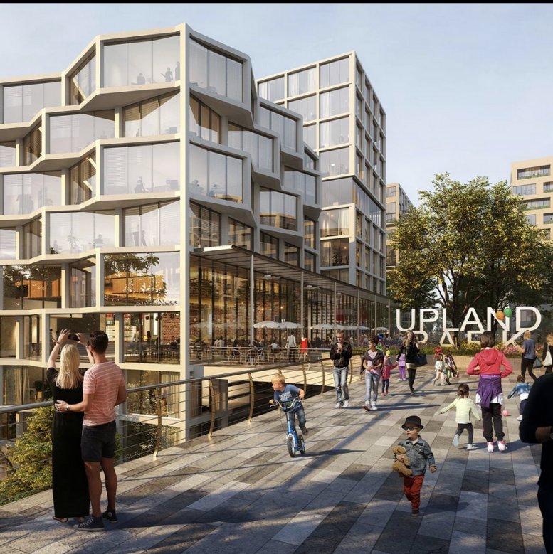 Rendering of Upland Park's plaza and stepped residential buildings (Florida YIMBY)