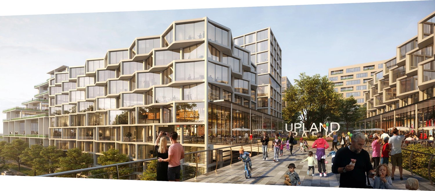 Rendering of Upland Park's pedestrian promenade with ground-floor retail (Terra Group)