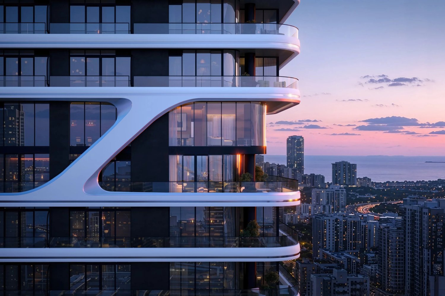 Detail rendering of the curved balcony facade at Bugatti Residences Miami