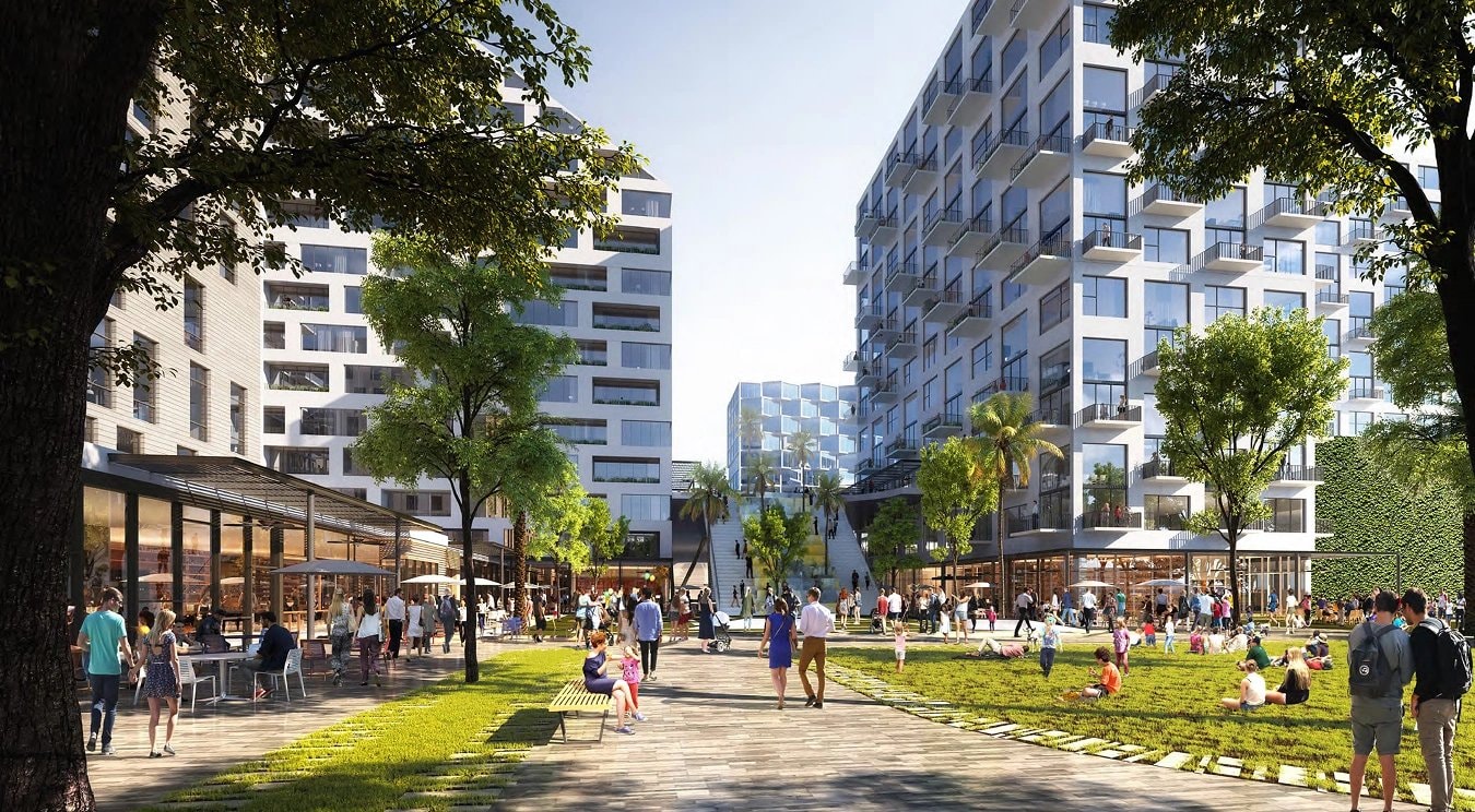 Rendering of the central park and retail-lined residences at Upland Park