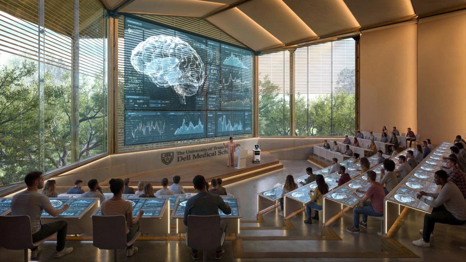 Rendering of a technology-enabled lecture hall at the UT Dell Medical Center