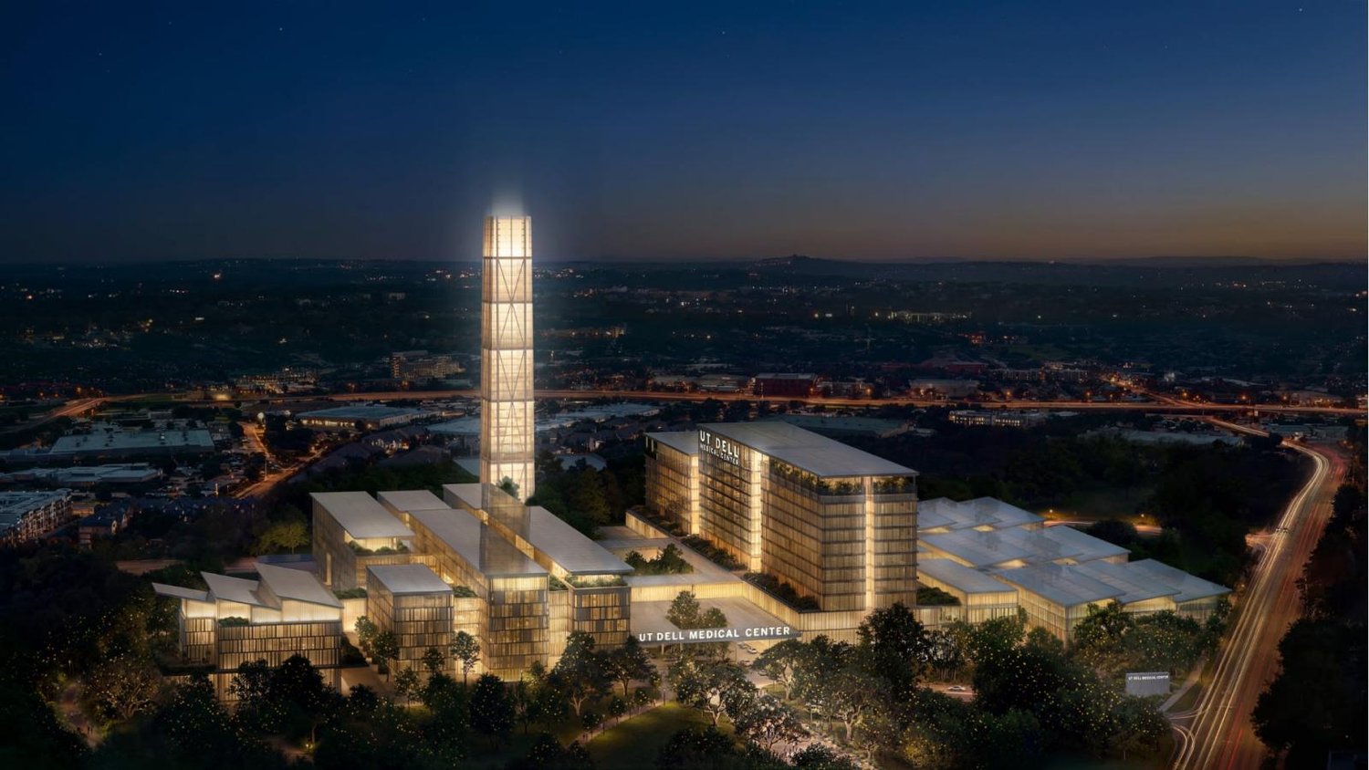 Nighttime rendering of the UT Dell Medical Center campus