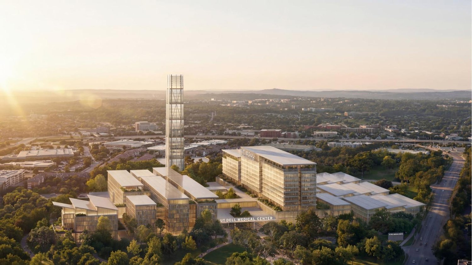 Aerial rendering of the UT Dell Medical Center at the West Pickle Research Campus