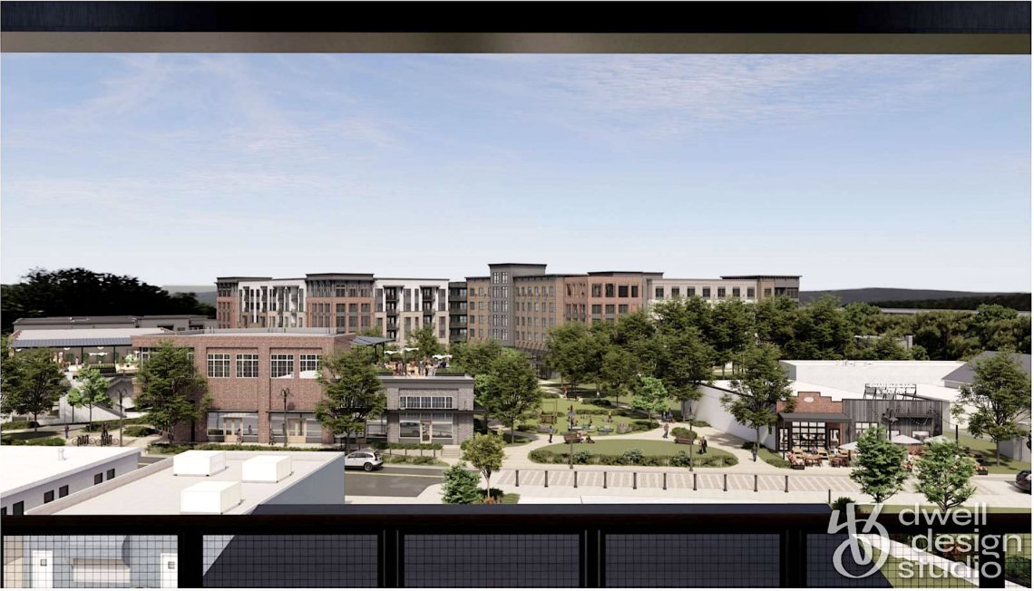 Rendering of Chamblee City Center's apartment buildings fronting the central green