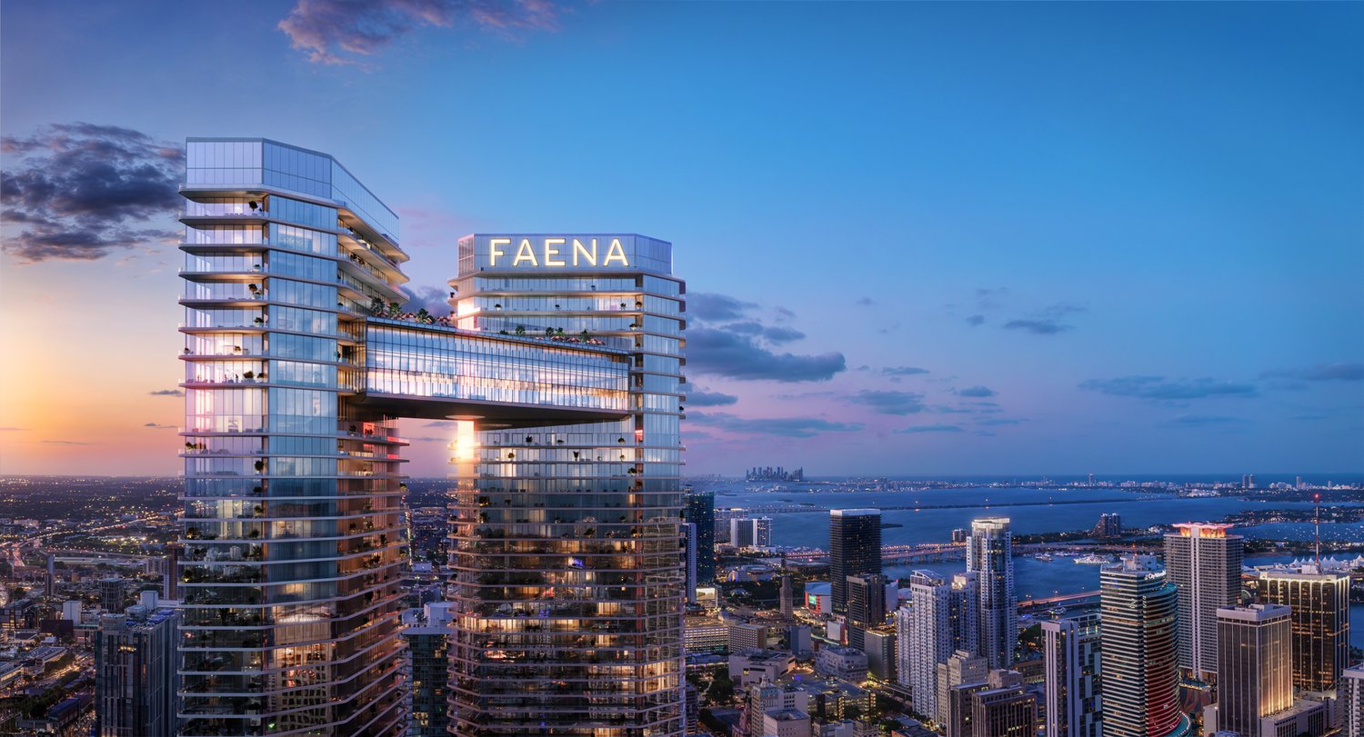 Aerial rendering of Faena Residences Miami with the downtown Miami skyline and Biscayne Bay beyond