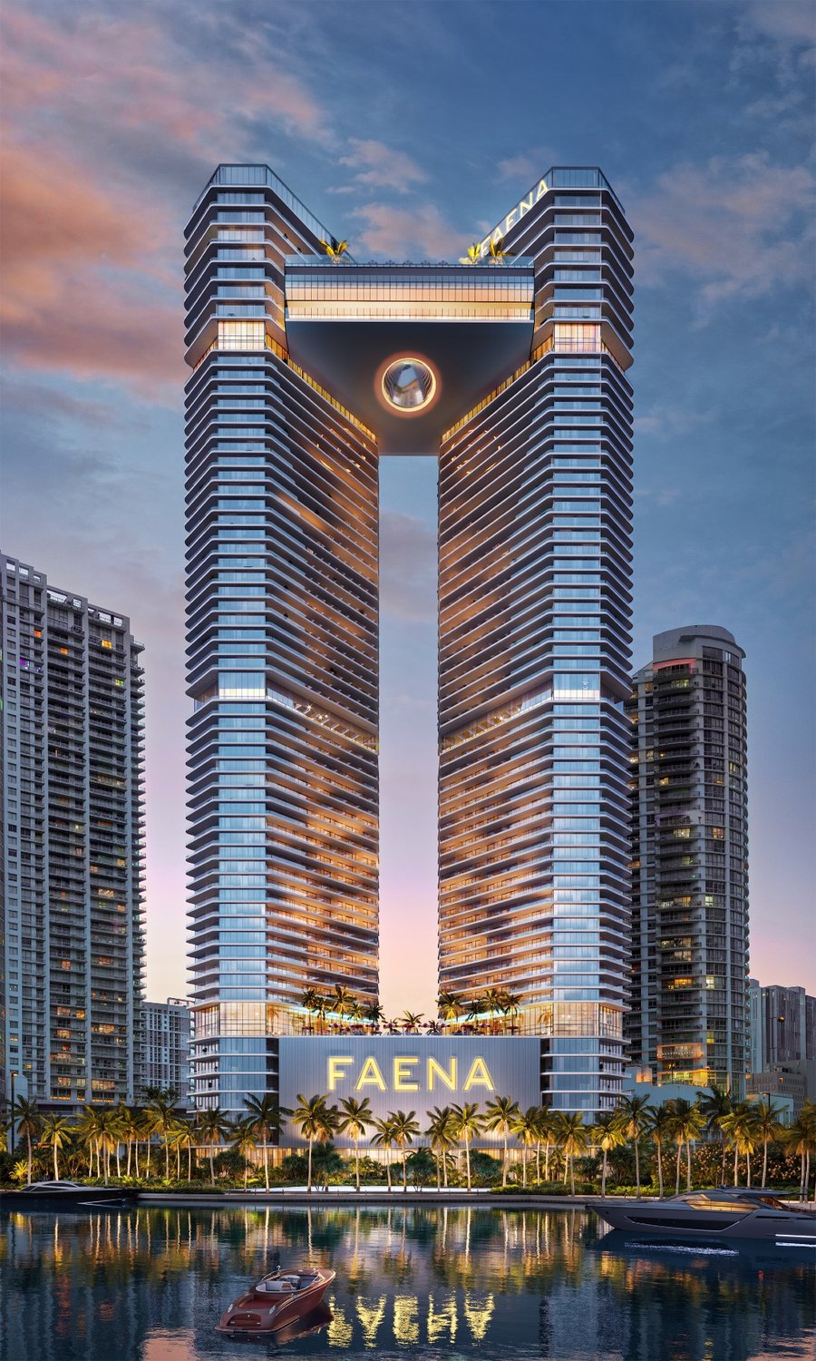 Rendering of Faena Residences Miami's twin towers rising above the Miami River